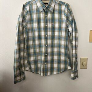 Hollister Blue and Green Casual Button Down Preppy Plaid Shirt Medium